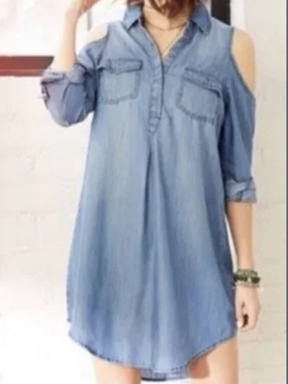 Billy T Chambray Denim Blue Cold Shoulder  Long Sleeve Mini Dress